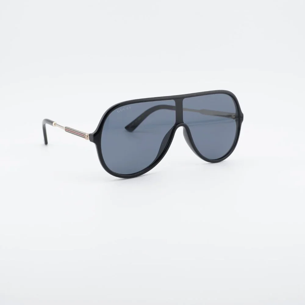 Gucci GG0199S 001 Sunglasses Shiny Black/Gold Shield Frame, Grey Lenses